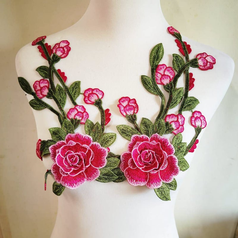 ZALALAA 2pcs Flowers Embroidered Patch Sticker for Clothing Jacket Jeans Lace Applique DIY Clothes Decorations Fabric Patches (Color F Hot Pink) - Image 2
